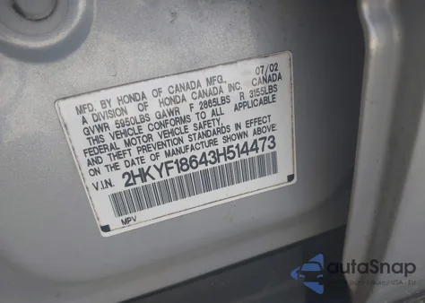 2003 Honda Pilot Ex-L from USA, damaged, VIN 2HKYF18643H514473